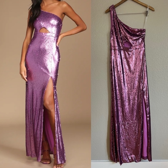 NWOT Prom Perfect Pink Sequin One-Shoulder Cutout Mermaid Maxi Dress - Picture 1 of 8